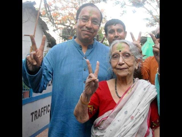 Trinamool Congress candidate from Jadavpur Sugata Bose with his mother Krishna Bose (R) after his win in Lok Sabha election, in Kolkata. (PTI Photo)