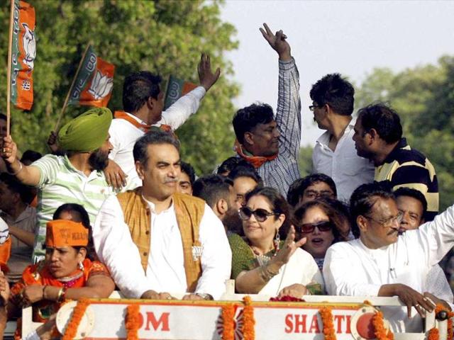 BJP candidate from Chandigarh Kirron Kher during a victory rally after winning the Lok Sabha election in Chandigarh. (PTI Photo)