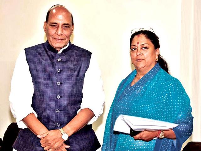 Rajasthan-CM-Vasundhara-Raje-with-BJP-president-Rajnath-Singh-in-Delhi-on-Monday-HT-Photo