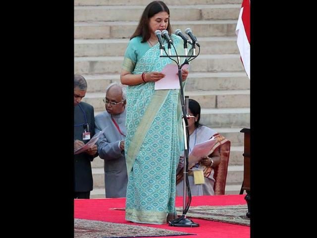 Bharatiya Janta Party leader Maneka Gandhi takes oath as Cabinet minister during the swearing-in ceremony of Narendra Modi as new Prime Minister of India at the presidential palace in New Delhi. (EPA)