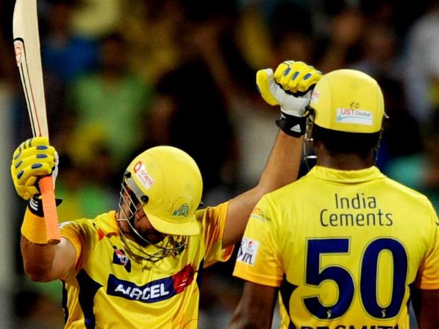 Chennai Super Kings' Suresh Raina celebrates his half century during their IPL 7 qualifier against Kings XI Punjab in Mumbai. (Satish Bate/HT Photo)