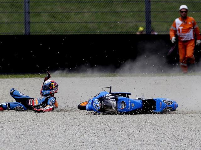 Honda Moto3 rider Alex Rins of Spain crashes during the qualifying session for the Italian Grand Prix in Mugello circuit in central Italy. (Reuters Photo) Honda Moto3 rider Alex Rins of Spain crashes during the qualifying session for the Italian Grand Prix in Mugello circuit in central Italy. (Reuters Photo)