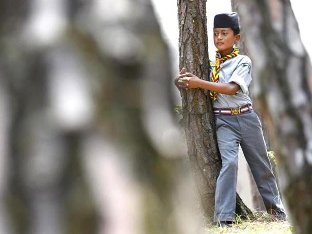 A Nepalese student hugs a tree during a mass tree hugging on the World Environment Day. More than 2,000 people gathered in Nepal's capital on Thursday in a bid to set a world record for the largest tree hug. (AP Photo)