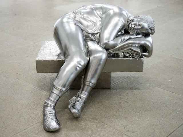 The sculpture 'Sleeping Woman' (2012) by US artist Charles Ray is on display at the Kunstmuseum (art museum) in Basel, Switzerland, during preparations for the exhibition 'Charles Ray: Sculptures 1997-2014' that will run 15 from June to 28 September. (EPA Photo)