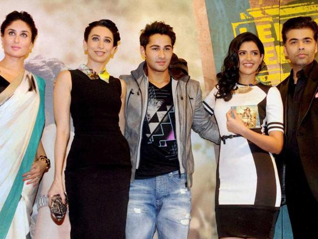 Bollywood actors Kareena Kapoor, Karisma Kapoor, Armaan Jain, Deeksha Seth and director Karan Johar at the music launch of the film Lekar Hum Deewana Dil in Mumbai on Friday. (AFP)