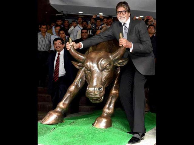 Amitabh Bachchan during the promotional event of his first fictional TV series Yudh at the BSE in Mumbai. (AFP PHOTO)