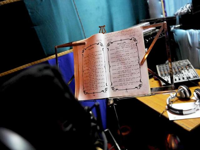 A Pharsi song book is seen at Hameed’s Studio. (Saumya Khandelwal/ HT Photo)