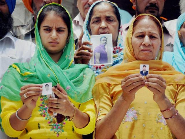 Family members of the Indians who are believed to be trapped in the troubled city of Mosul, Iraq at Golden Temple in Amritsar. (PTI Photo)