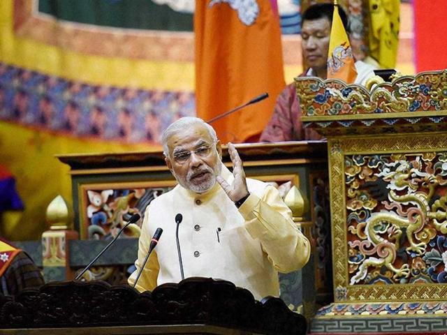 PM Modi addressing a joint session of the Bhutanese parliament. In his first visit as the Prime Minister to Bhutan, Narendra Modi termed the bilateral ties between the countries as ‘Bharat to Bhutan’ (B2B) relations. (PTI photo)