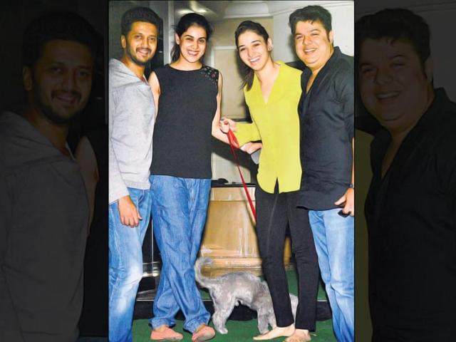 Immediately after, the actor headed to her co-star Tamannaah Bhatia’s house. Already present there were director Sajid Khan, co-star Riteish Deshmukh and his pregnant wife, Genelia. The group couldn’t stop fussing over Tamannaah’s dog, who she brought downstairs too.