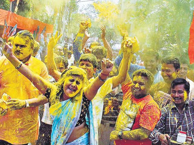 BJP-supporters-celebrate-their-party-s-win-in-Darjeeling-parliamentary-constituency-on-May-16-in-Siliguri-HT-File-Photo-Bikram-Sashanker BJP-supporters-celebrate-their-party-s-win-in-Darjeeling-parliamentary-constituency-on-May-16-in-Siliguri-HT-File-Photo-Bikram-Sashanker