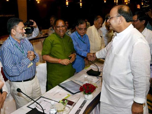 Union finance minister Arun Jaitley interacts with finance ministers of states and Union Territories (with legislature) during a pre-budget meeting in New Delhi. (PTI Photo)