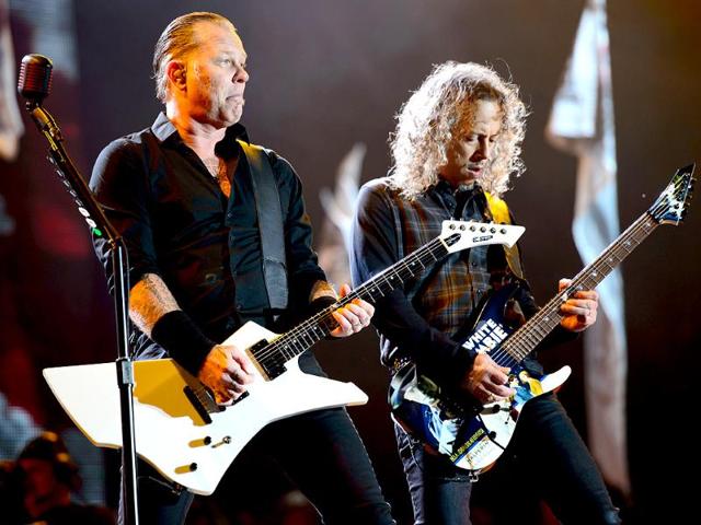 James Hetfield, left and Kirk Hammett, right from US band Metallica perform at Glastonbury music festival, England. Thousands of music fans have arrived for the festival to see headliners Arcade Fire, Metallica and Kasabian. (Photo AP) James Hetfield, left and Kirk Hammett, right from US band Metallica perform at Glastonbury music festival, England. Thousands of music fans have arrived for the festival to see headliners Arcade Fire, Metallica and Kasabian. (Photo AP)