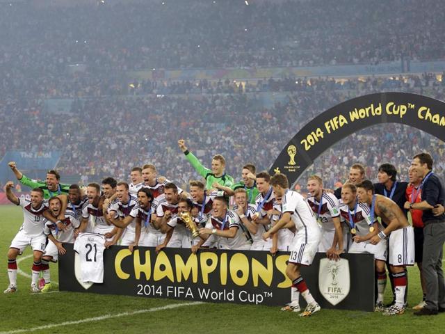German players celebrate their 1-0 victory over Argentina after the World Cup final soccer match between Germany and Argentina at the Maracana Stadium in Rio de Janeiro, Brazil. (AP Photo)