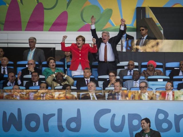German Chancellor Angela Merkel and German Prime Minsiter Joachim Gauck react during the FIFA World Cup final between Germany and Argentina at the Maracana Stadium in Rio de Janeiro on July 13, 2014. Germany won 1-0. (AFP/Odd Andersen)