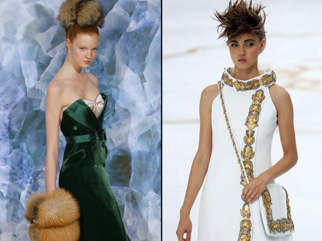 Alexis Mabille: Mabille sent out stunning fox fur muffs and headpieces | Chanel: Accessories at Chanel matched the glittering gold embellishments of the couture dresses