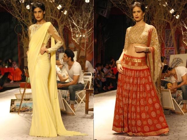 Models walk on the ramp for designer Monisha Jaising`s show during India Couture Week 2014, in New Delhi on July 17, 2014. (IANS) Models walk on the ramp for designer Monisha Jaising`s show during India Couture Week 2014, in New Delhi on July 17, 2014. (IANS)