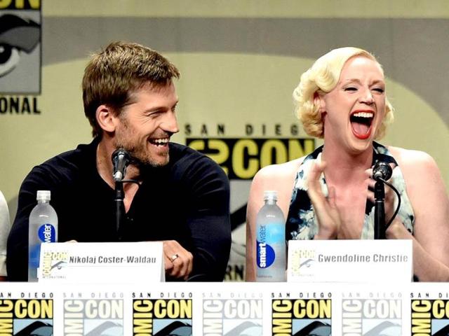 Nikolaj Coster-Waldau, who plays Jamie Lannister and Gwendoline Christie, who plays Brienne of Tarth in the series, are seen sharing a laugh. If only we could see them together in the show again!