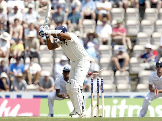 India’s Murali Vijay is bowled by England’s Stuart Broad for 35 runs in the 1st innings (AFP Photo)