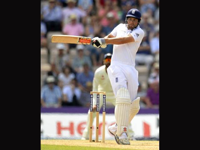 England's captain Alastair Cook hits out during the third cricket test match against India at the Rose Bowl cricket ground in Southampton (Reuters Photo)