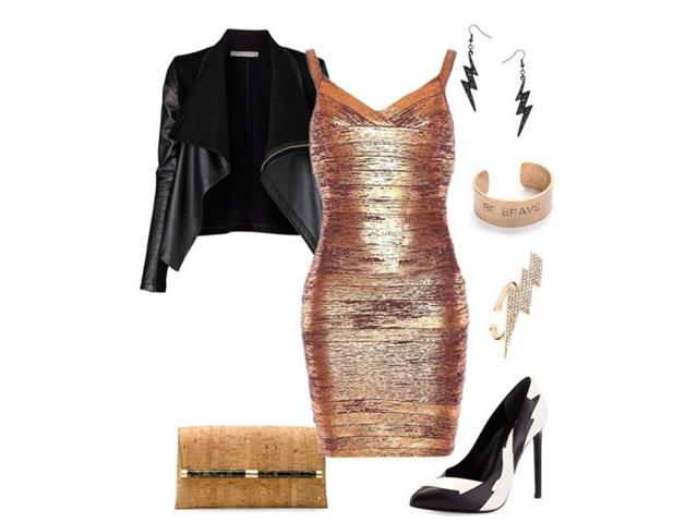 Hit the club with such shimmery dress, made suave with a balancing leather shrug or jacket and accentuated with a pair of amazing bolts!