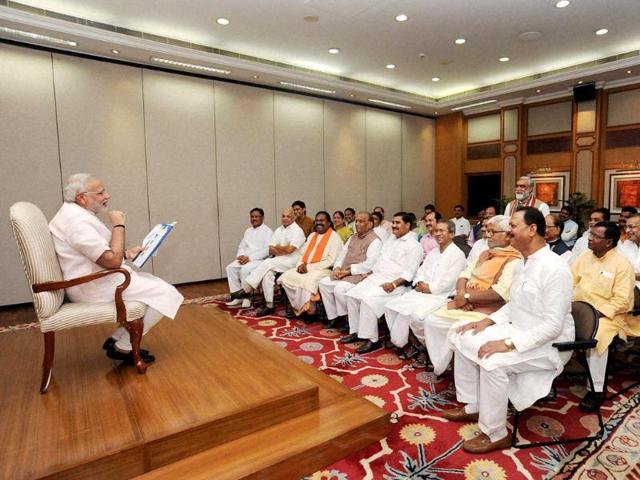 Prime Minister Narendra Modi at a meeting with Bihar and Chhattisgarh BJP MPs in New Delhi. (PTI Photo)