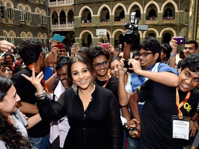 Kya baat! Vidya Balan during distribution of smartcanes for visually challenged persons in Mumbai. (PTI Photo)