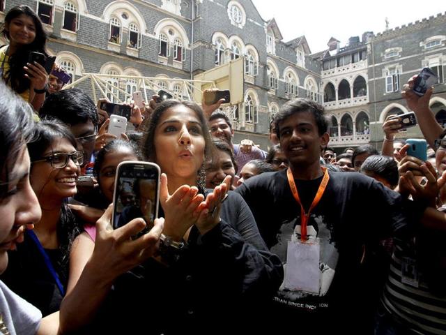 Vidya Balan during distribution of smart canes for visually challenged persons at St. Xavier's College, Mumbai. (Photo by Kunal Patil/HT)