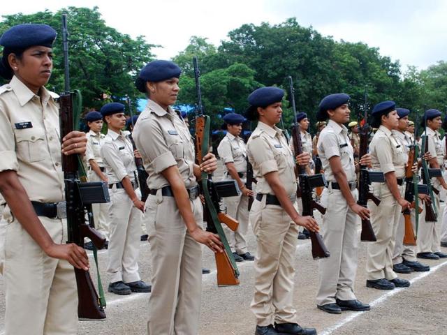 Women constables rehearse for Independence Day parade at a ground in Indore on Friday. (Arun Mondhe/HT photo)