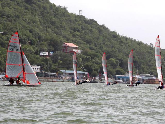 Sailors compete in the 1st 29er Inland National Sailing Championship being held at Upper Lake in Bhopal. (HT photo)