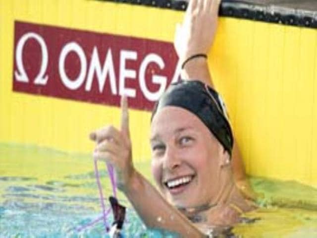 Melanie Margalis reacts after winning the women's 200m individual medley final at the 2014 Phillips 66 National Championships at the Woollett Aquatic Center in Irvine, California. (AFP Photo)