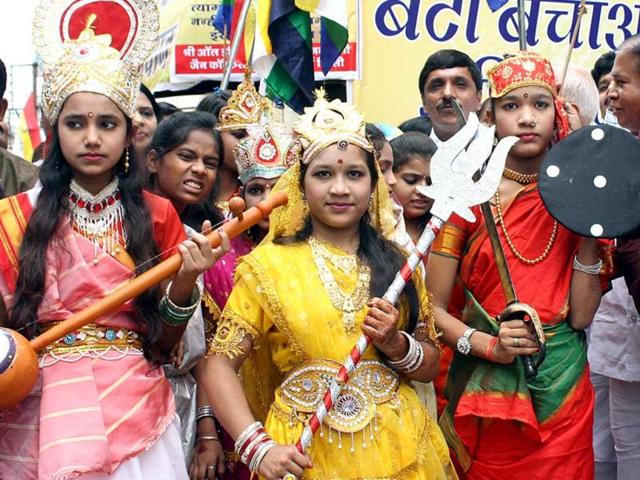The Jain community in Indore took out a rally with the theme 'Save Girls', on Monday. (Arun Mondhe/HT photo)