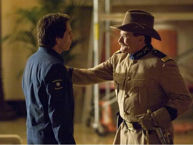 In this film publicity image released by Twentieth Century Fox, Teddy Roosevelt, portrayed by Robin Williams, right, and Larry Daley, portrayed by Ben Stiller are shown in a scene from, Night at the Museum: Battle of the Smithsonian. (AP Photo)