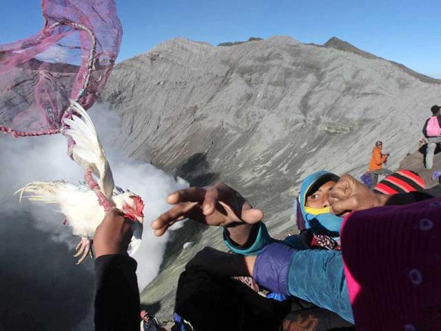 Villagers catch offering of a chicken thrown by Hindu worshippers into the crater of Mount Bromo in Probolinggo, East Java, Indonesia. (AP Photo)