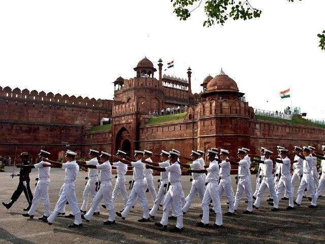An armed forces contingent marches past during the full dress rehearsal for the 68th Independence Day celebrations at the Red Fort in New Delhi. (AFP Photo)