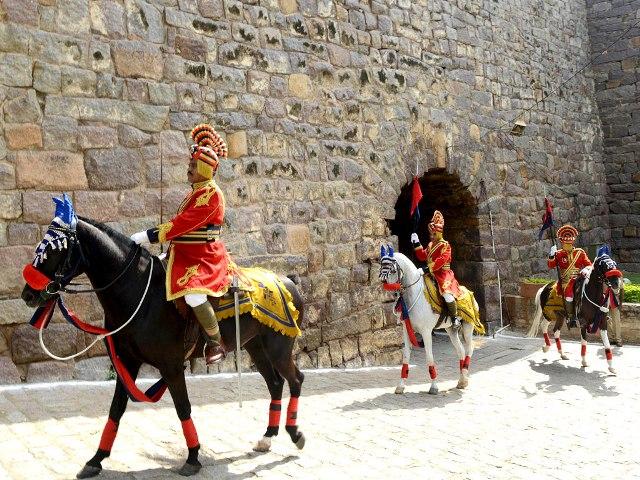 Mounted police personnel from Telangana take part in a full dress rehearsal for the 68th Independence day celebrations at Golkonda Fort in Hyderabad. (AFP Photo)