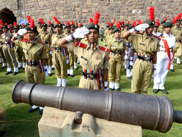 National Cadet Corps (NCC) personnel from Telangana take part in a full dress rehearsal for the 68th Independence day celebrations at Golkonda Fort in Hyderabad.(AFP Photo)