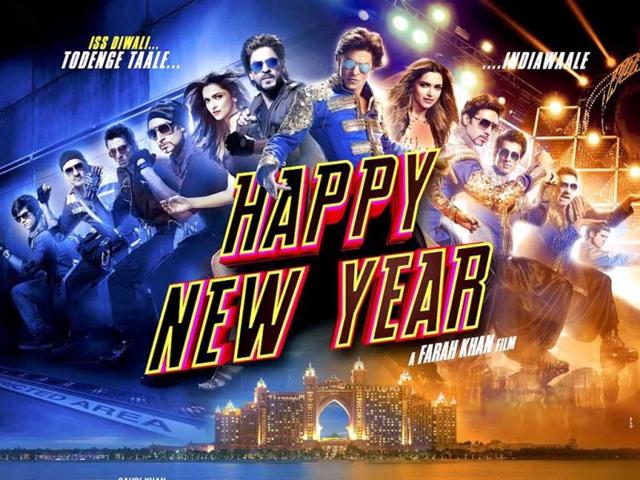SRK, Abhishek Bachchan and Deepika Padukone in Happy New Year poster.