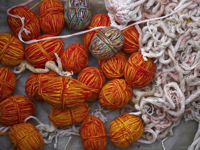 Sacred threads kept on a floor are pictured during the Janai Purnima (sacred thread festival) at the premises of Pashupatinath temple in Kathmandu. (Reuters)