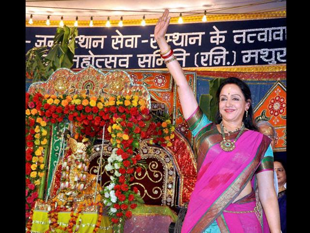 Bollywood actor and BJP MP Hemamalini during Janmashtami celebrations at Sri Krishna Janamsthan temple in Mathura on Monday. (PTI Photo)