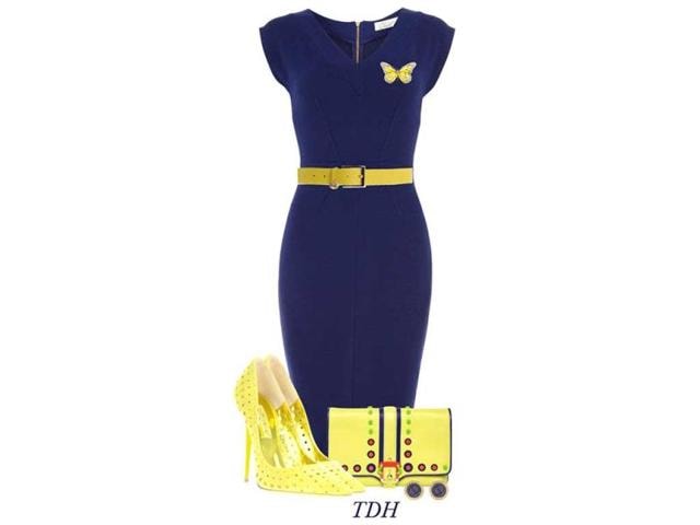 A little contrast in your ensemble can never be out of fashion. Pair a navy blue dress like this one with bright yellow stilletoes to make a cut above the rest.