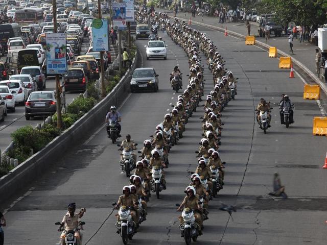 Mumbai police launches women's beat Marshall at Mainlines police Gymkhana in Mumbai.(Vijayanand Gupta/ HT Photo)
