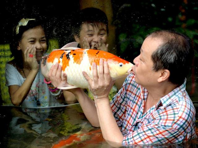 Zoo owner Manny Tangco kisses a Japanese Koi carp, while children look on inside an aquarium at a zoo in Manila. (AFP Photo)