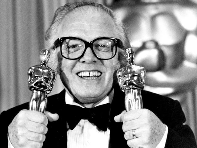 British actor and director Richard Attenborough holds his two Oscars for his epic movie Gandhi at the 55th annual Academy Awards in Los Angeles. (AP)