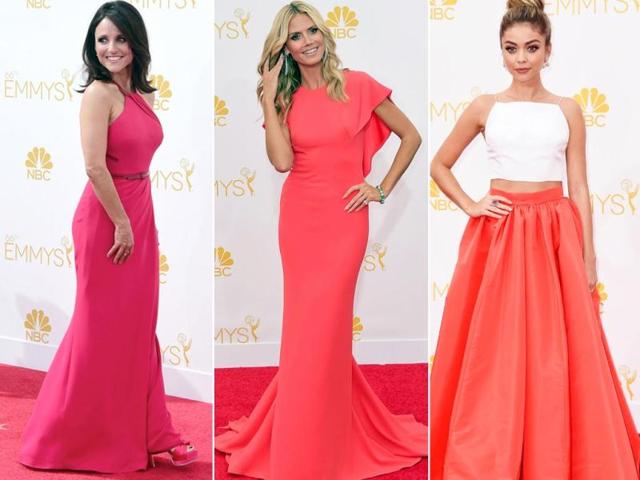 US television's biggest stars hit the red carpet in style as they arrived at the 66th Emmy Awards at the Nokia Theatre in Los Angeles, USA. And yet again, the colour red reigned on the red carpet. Ladies in red Heidi Klum in Zac Posen, Julia Louis-Dreyfus and Sarah Hyland in Christian Siriano sport their fashionable best at the do. (AFP)