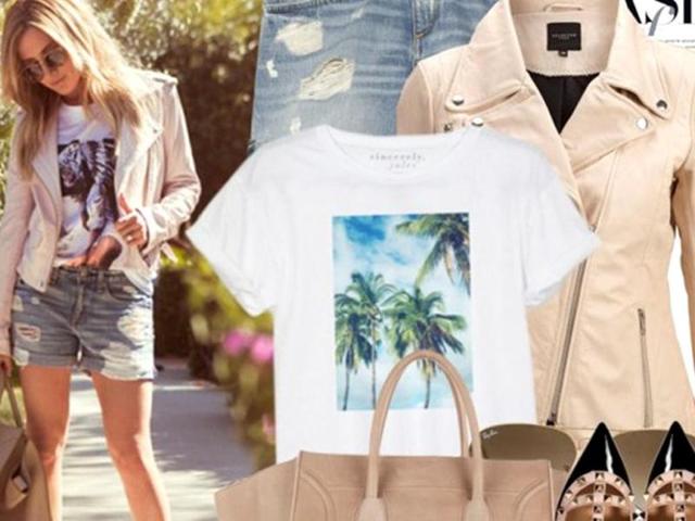 Urban palmsT-shirt via sincerelyjules.bigcartel.com, jacket via selected.com, Rag & Bone shorts, Valentino shoes, Céline bag, Ray-Ban sunglasses