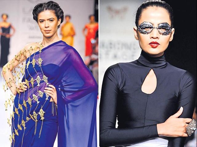 Jewellery in unusual places: We’re a little baffled by the idea of eye jewellery, but hey, if glass-less spectacles are a thing, why not this Laila Singh creation? Also, ditch your dupattas for an extra dose of bling, says Mrinalini Chandra. Or, like the model, sport a double drape for a bigger statement.