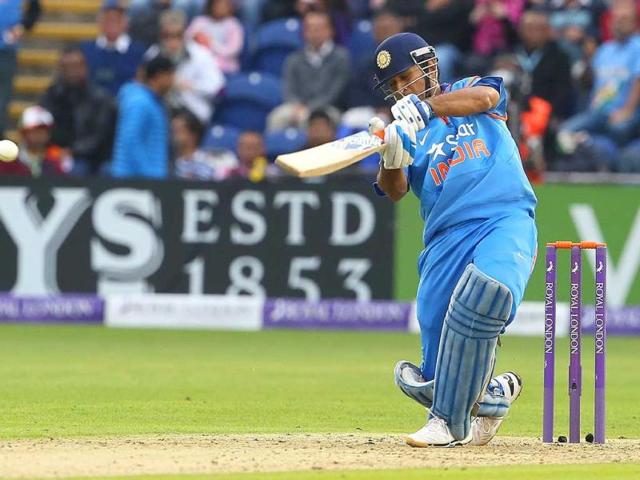 MS Dhoni bats during the second ODI match between England and India in Cardiff, Wales. (AFP Photo)