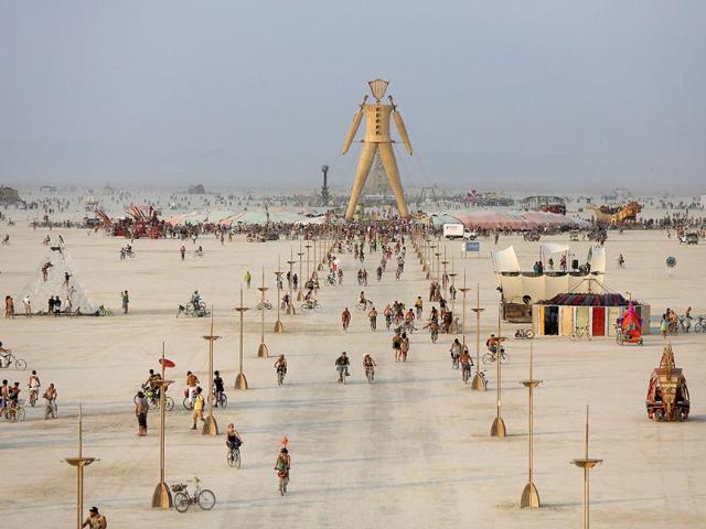 A view of the Playa and the Man during the Burning Man 2014 "Caravansary" arts and music festival in the Black Rock Desert of Nevada. (Reuters Photo)