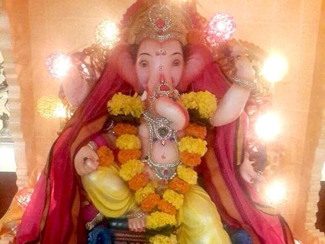 MP and actor Hema Malini shared a photo of her Ganesh Chaturthi celebrations at her Mumbai home on Twitter on August 29, 2014. (dreamgirlhema/Twitter)